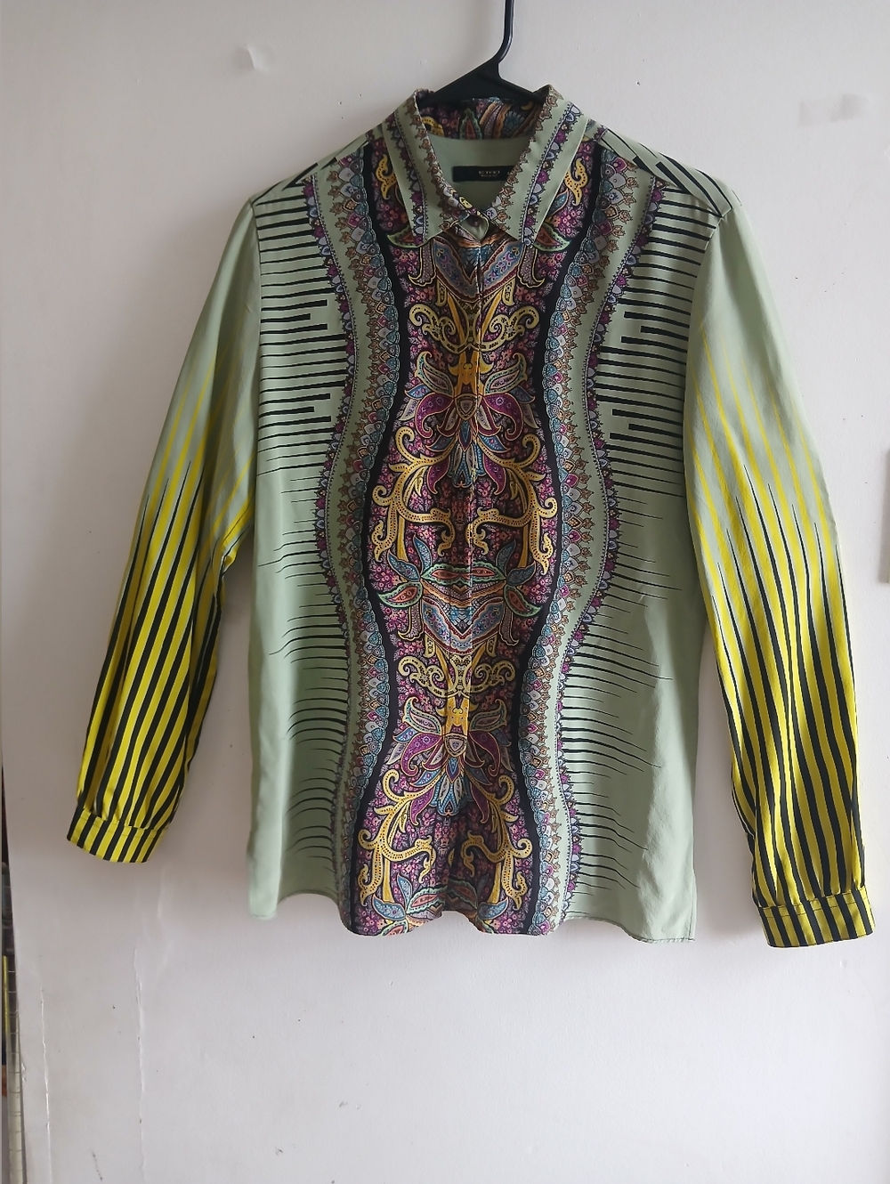 Etro Mint Green Paisley Silk Blouse with Yellow and Black Accents
